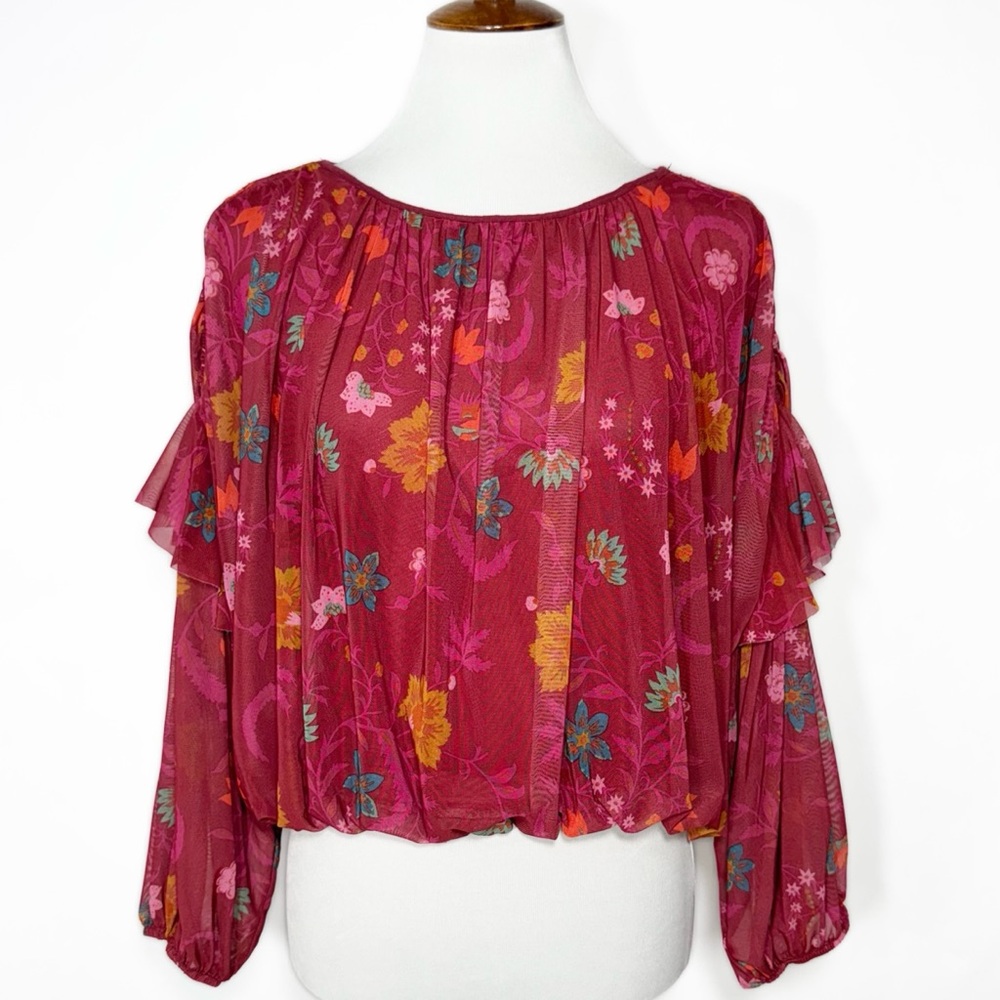 Free People Whimsy Floral Print Berry Pink Ruffled Pleated Draped Blouse XS - Picture 4 of 12